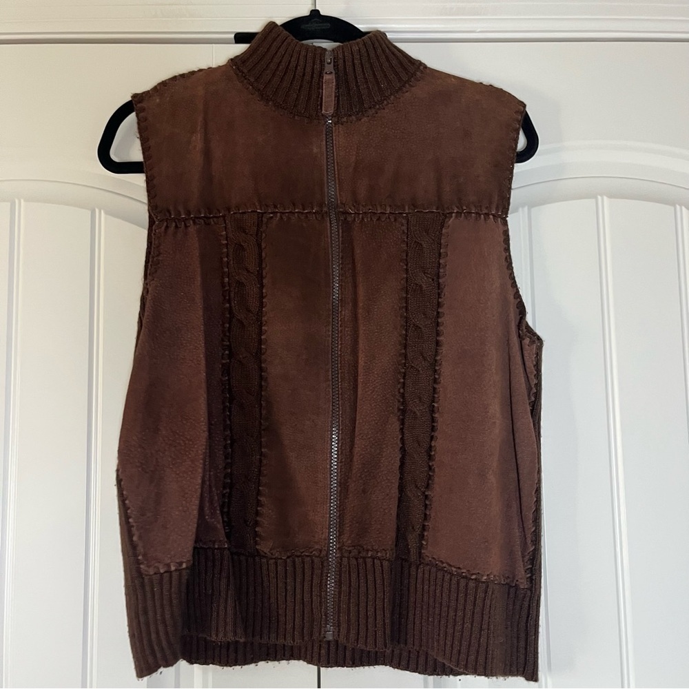 Vintage Brown Suede Leather Zip Up Sleeveless Vest Size Large Western 90s Y2K